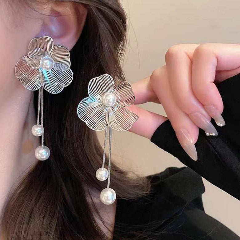 Moonlit Bloom Pearl Drop Earrings