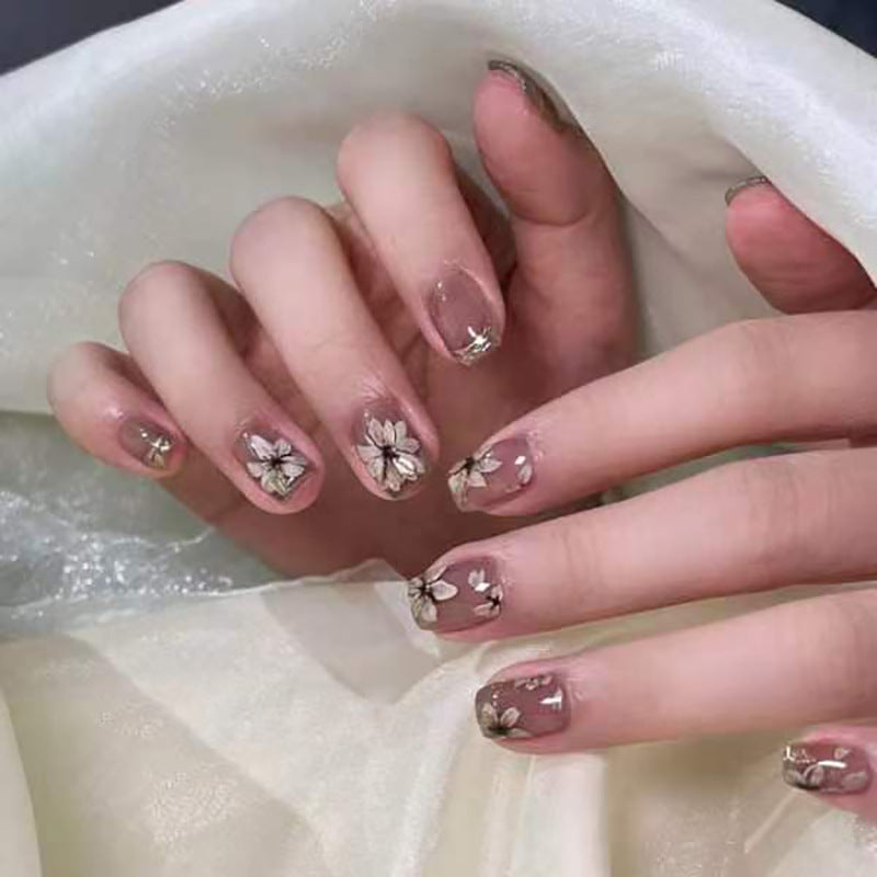 Nail 54 - Elegant Nude Floral (24Pcs) - Free Nail Kit Included