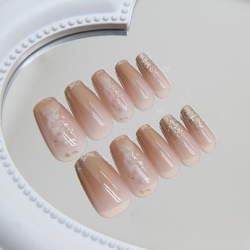 Nail 75 - Nude & Gold Glitter (24Pcs) - Free Nail Kit Included