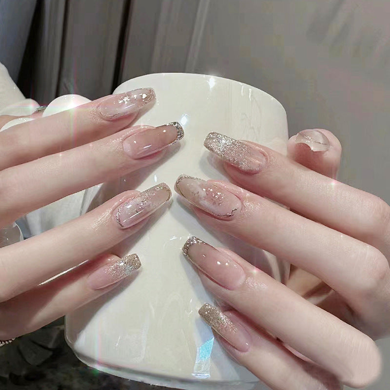 Nail 75 - Nude & Gold Glitter (24Pcs) - Free Nail Kit Included