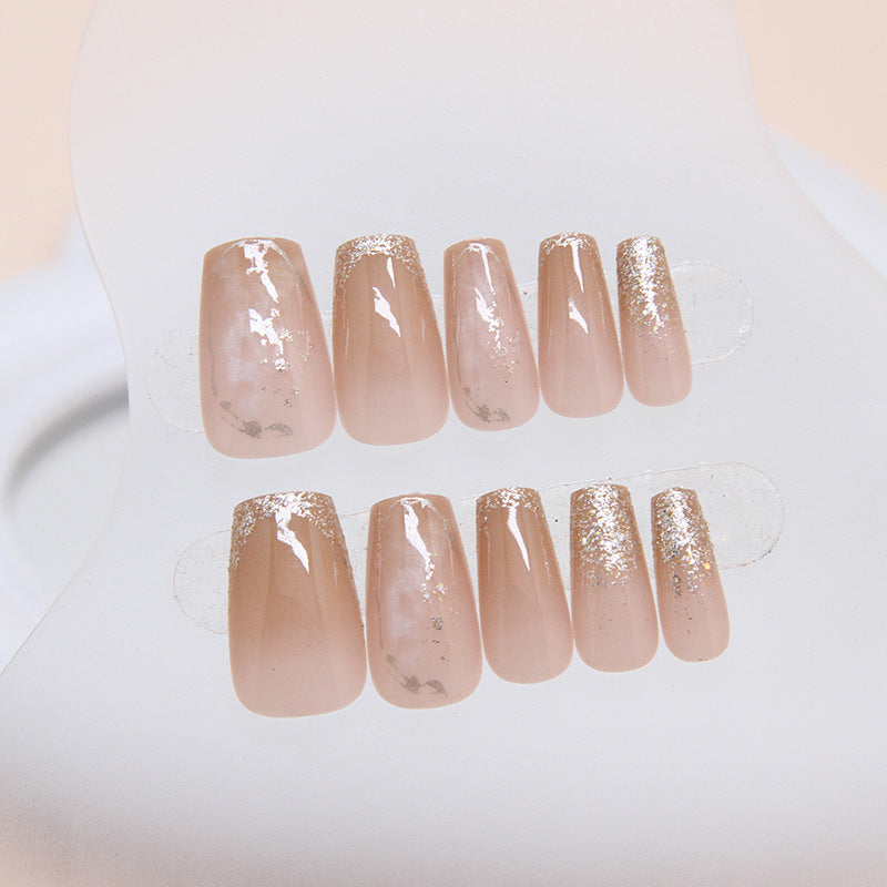 Nail 75 - Nude & Gold Glitter (24Pcs) - Free Nail Kit Included