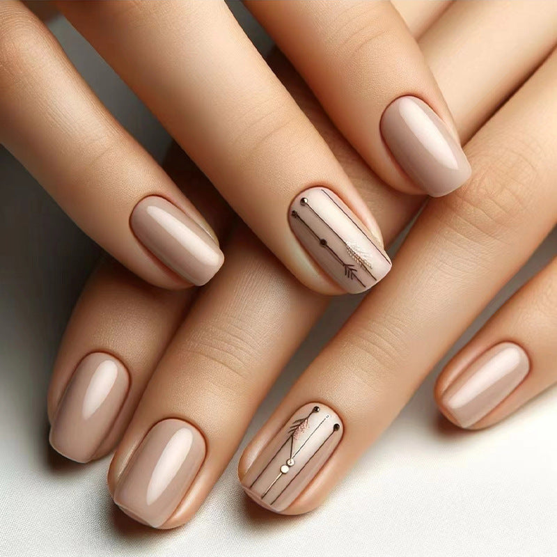 Nail 97 - Nude Press-On Nails with Elegant Line Art (24Pcs) - Free Nail Kit Included