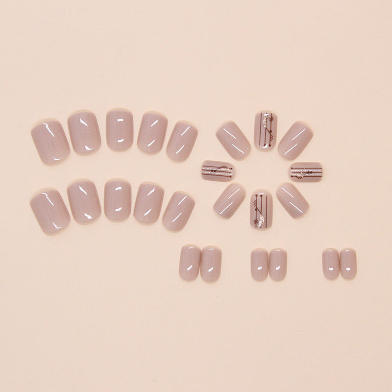 Nail 97 - Nude Press-On Nails with Elegant Line Art (24Pcs) - Free Nail Kit Included