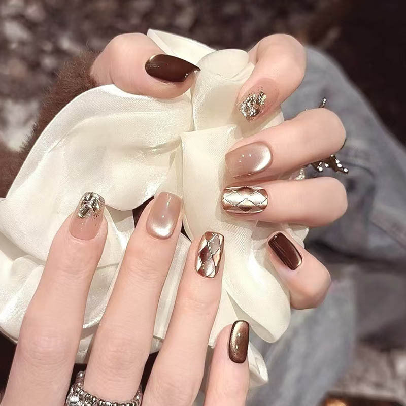 Nail 101 - Burnt Coffee Ice Cat Eyes (24Pcs) - Free Nail Kit Included