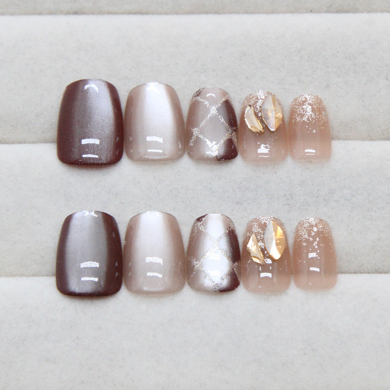 Nail 101 - Burnt Coffee Ice Cat Eyes (24Pcs) - Free Nail Kit Included