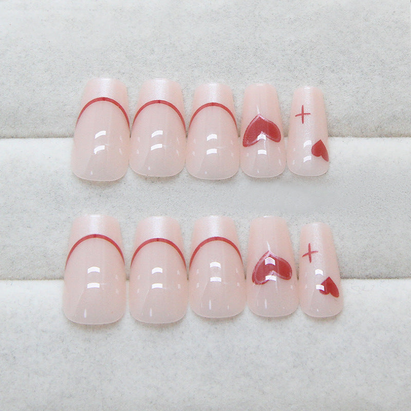 Nail 102 - French Red Heart Press-On Nails (24Pcs) - Free Nail Kit Included