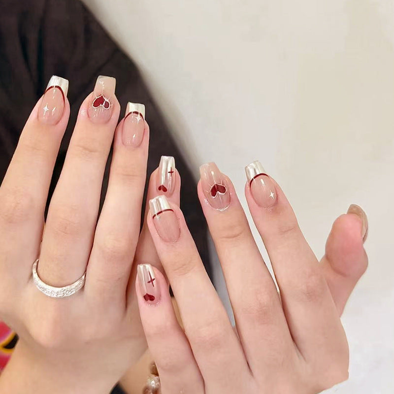 Nail 102 - French Red Heart Press-On Nails (24Pcs) - Free Nail Kit Included