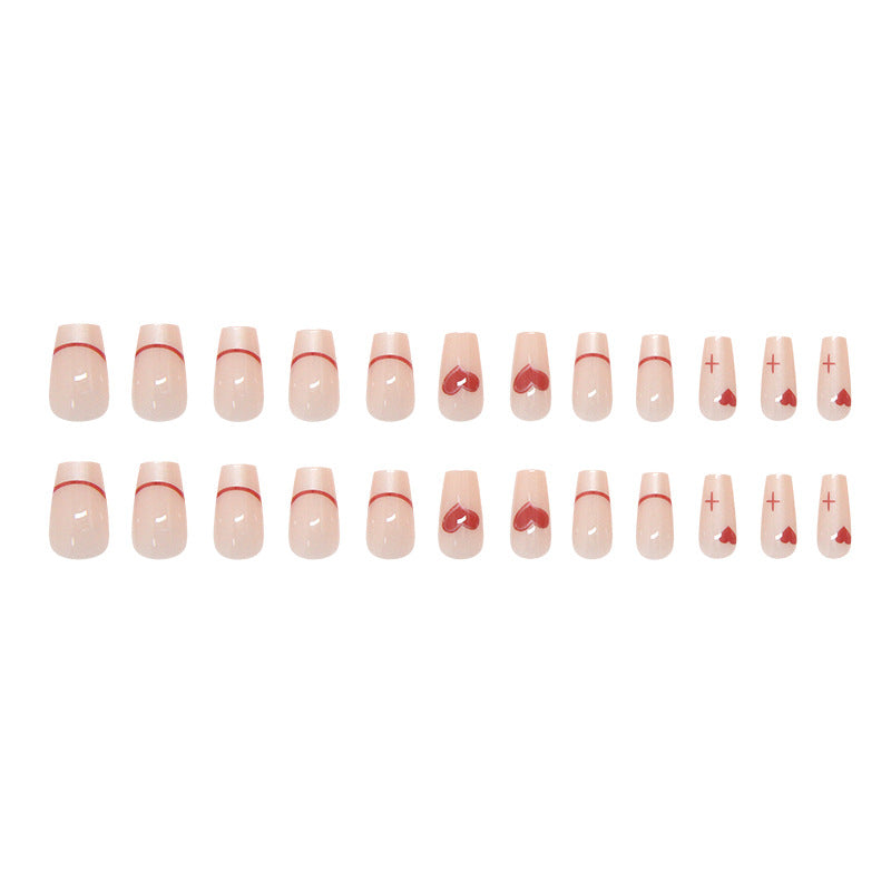 Nail 102 - French Red Heart Press-On Nails (24Pcs) - Free Nail Kit Included