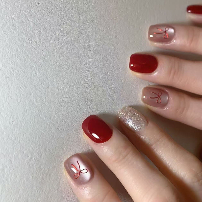 Nail 107 - Red Bow & Glitter Press-On Nails(24 Pcs) – Free Nail Kit Included