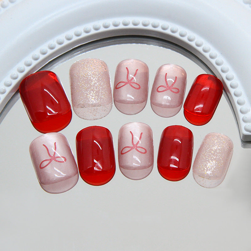 Nail 107 - Red Bow & Glitter Press-On Nails(24 Pcs) – Free Nail Kit Included