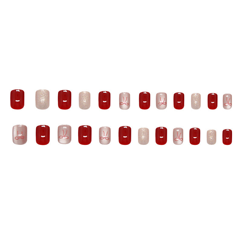Nail 107 - Red Bow & Glitter Press-On Nails(24 Pcs) – Free Nail Kit Included