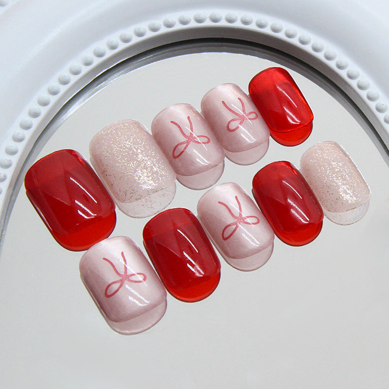 Nail 107 - Red Bow & Glitter Press-On Nails(24 Pcs) – Free Nail Kit Included