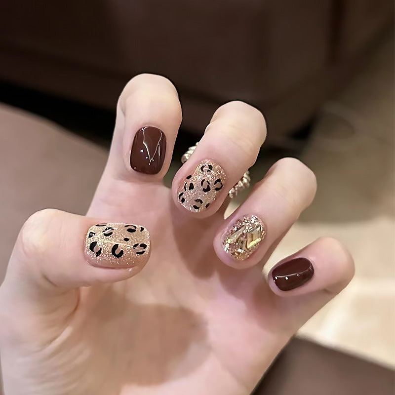 Nail 109 - Chic Leopard & Glitter Nail Design (24Pcs) - Free Nail Kit Included