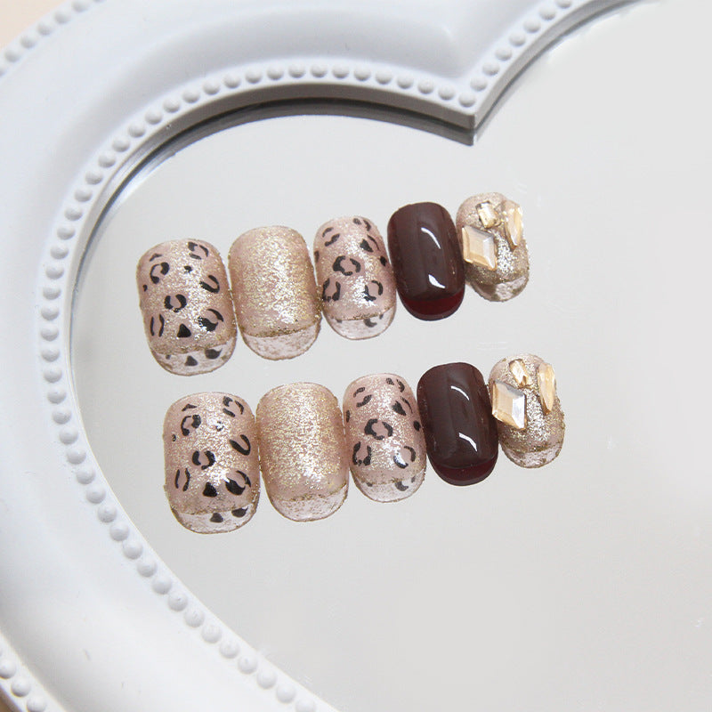 Nail 109 - Chic Leopard & Glitter Nail Design (24Pcs) - Free Nail Kit Included
