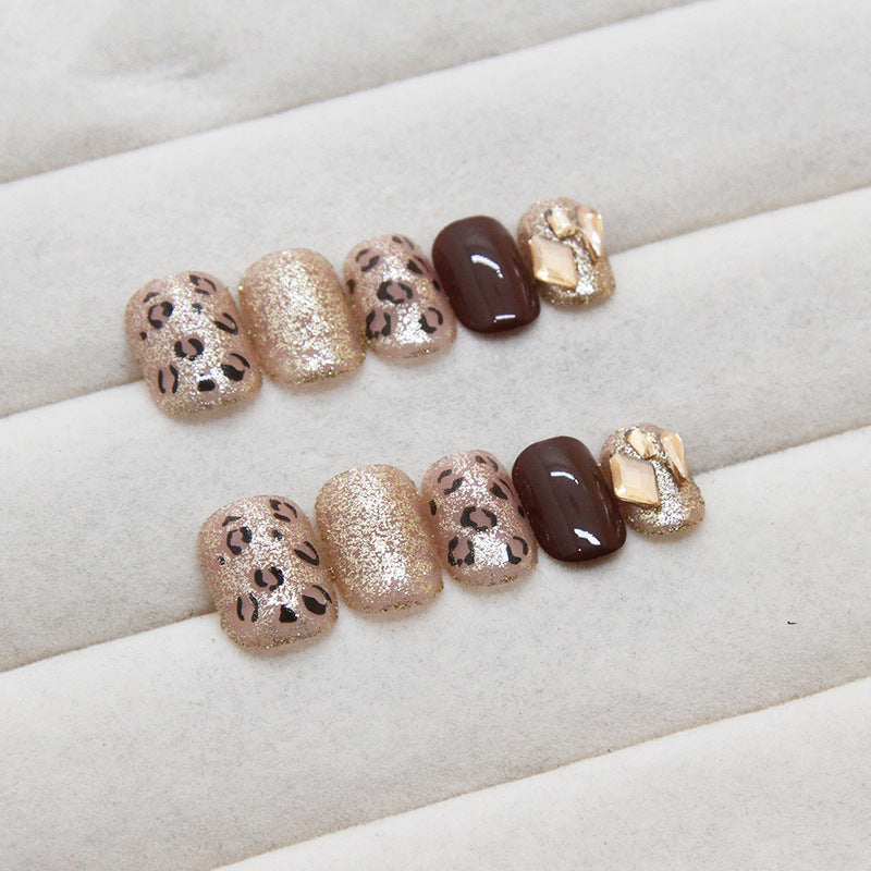 Nail 109 - Chic Leopard & Glitter Nail Design (24Pcs) - Free Nail Kit Included