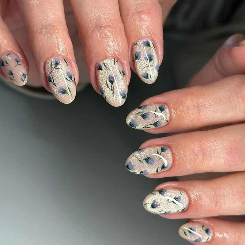 Nail 122 - Blue Blossom (24 Pcs) - Free Nail Kit Included