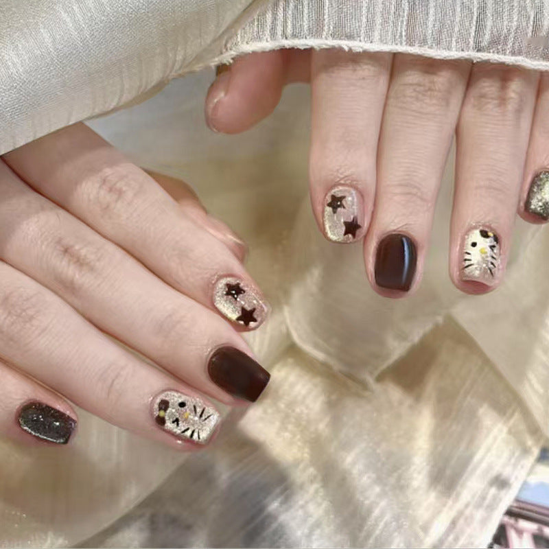 Nail 133 - Celestial Mocha – Starry Glitter (24Pcs) - Free Nail Kit Included