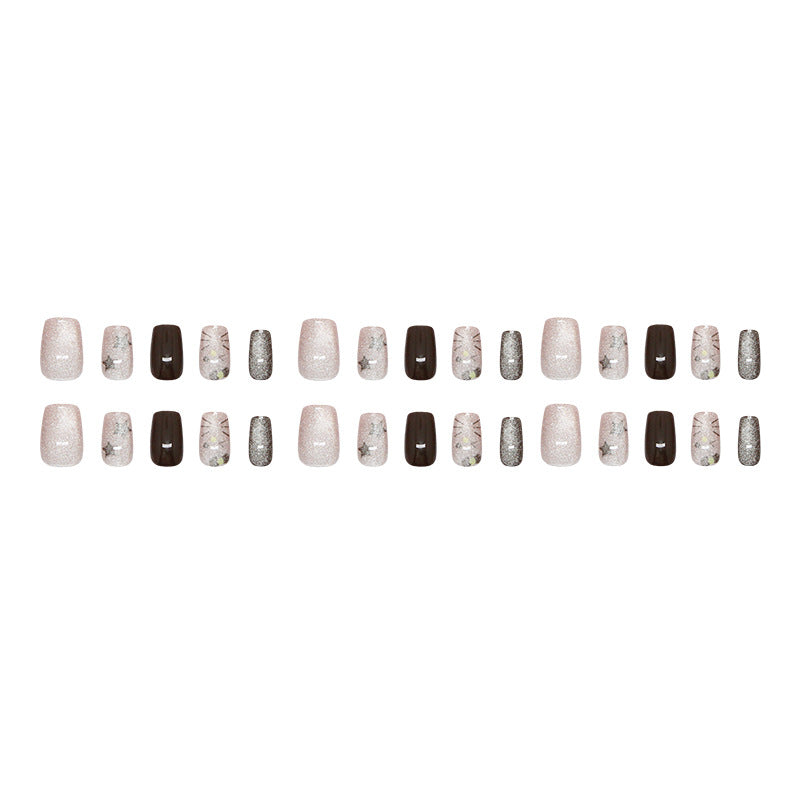 Nail 133 - Celestial Mocha – Starry Glitter (24Pcs) - Free Nail Kit Included