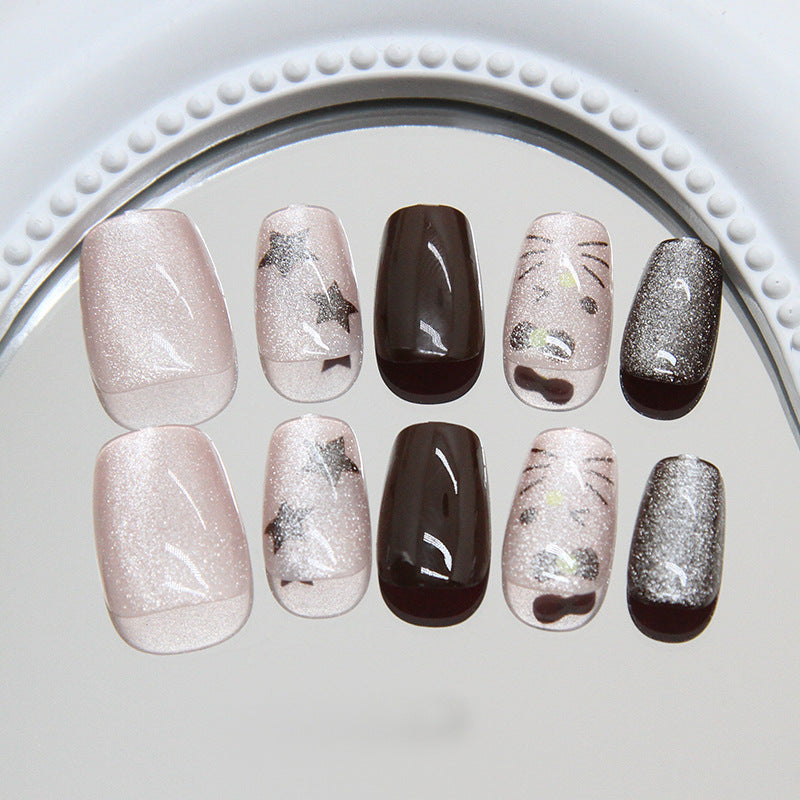 Nail 133 - Celestial Mocha – Starry Glitter (24Pcs) - Free Nail Kit Included