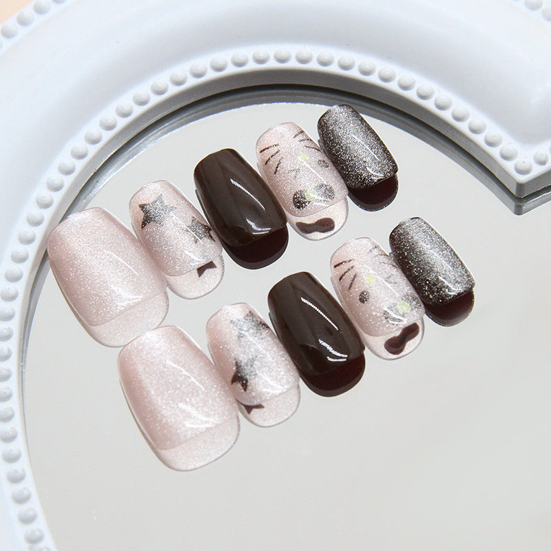 Nail 133 - Celestial Mocha – Starry Glitter (24Pcs) - Free Nail Kit Included