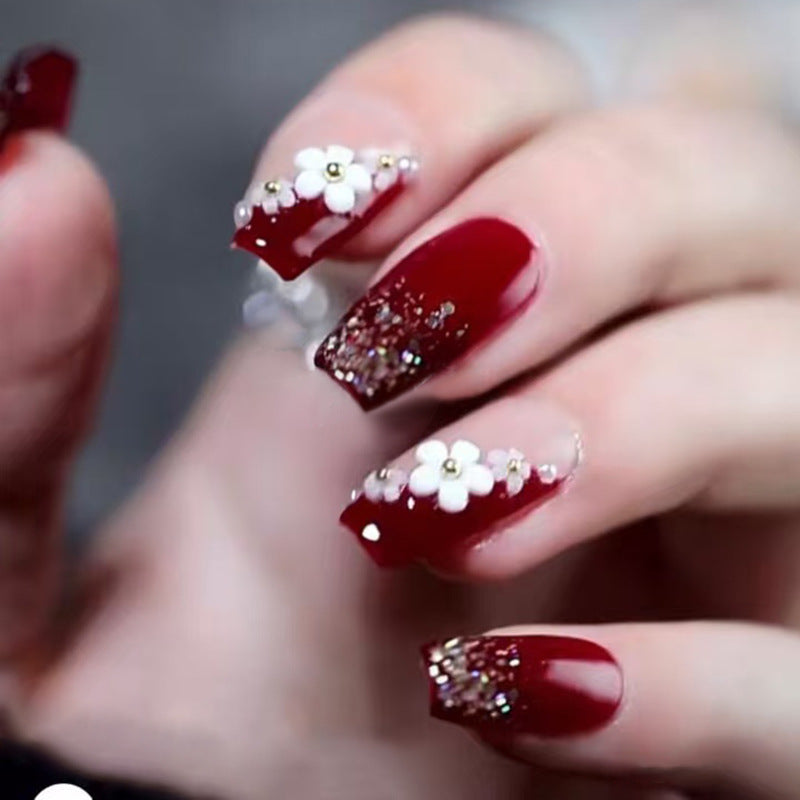 Nail 134 - Red Floral Glitter Press-On Nails (24 Pcs) - Free Nail Kit Included