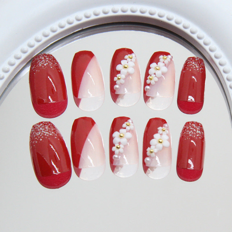 Nail 134 - Red Floral Glitter Press-On Nails (24 Pcs) - Free Nail Kit Included