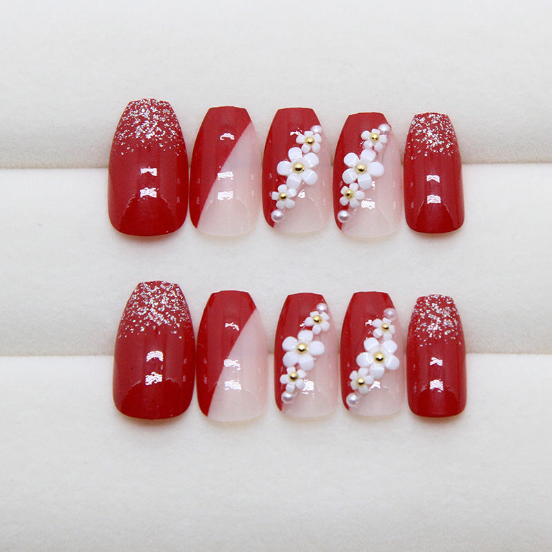 Nail 134 - Red Floral Glitter Press-On Nails (24 Pcs) - Free Nail Kit Included