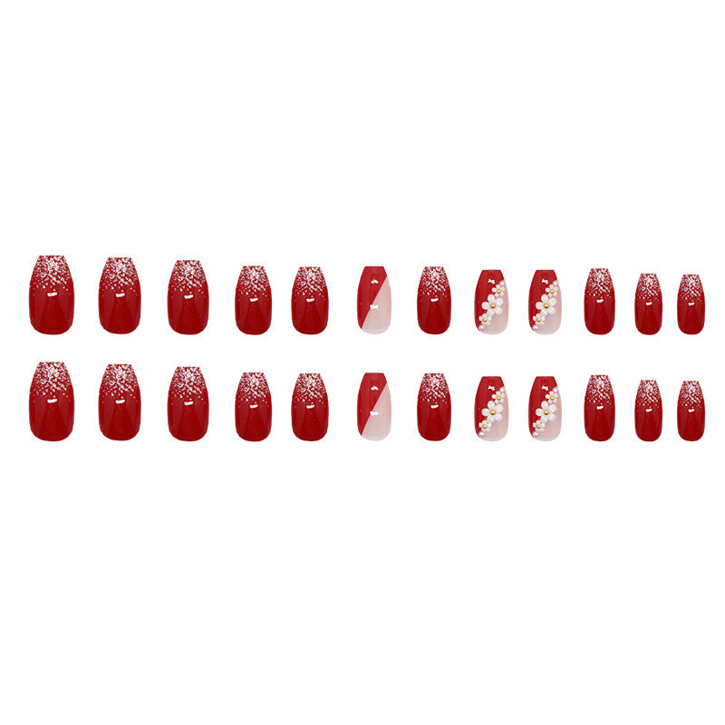 Nail 134 - Red Floral Glitter Press-On Nails (24 Pcs) - Free Nail Kit Included