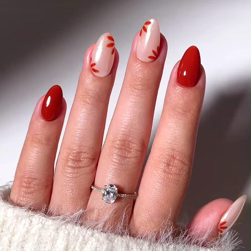 Nail 136 - Red & White Floral (24Pcs) - Free Nail Kit Included