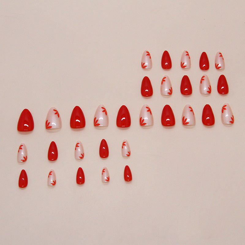Nail 136 - Red & White Floral (24Pcs) - Free Nail Kit Included