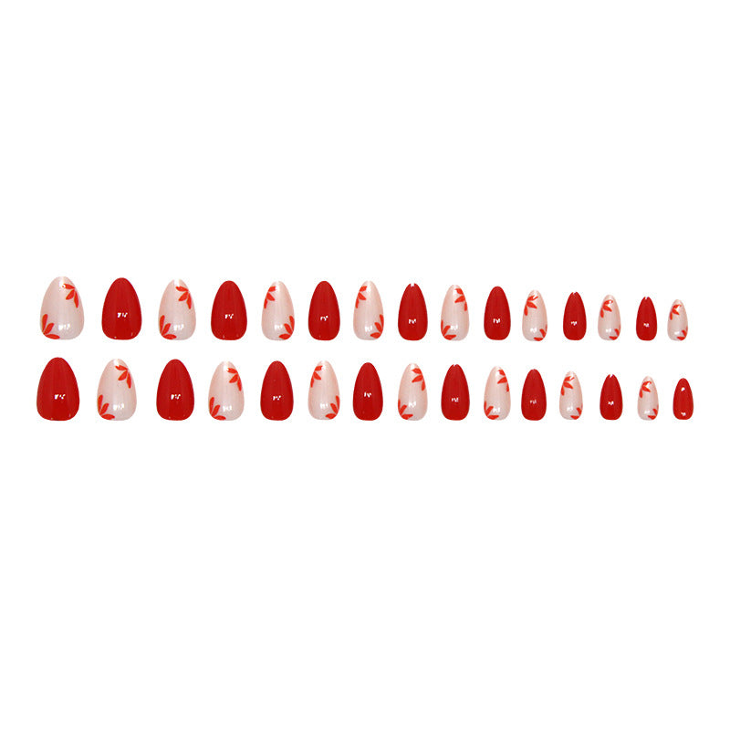 Nail 136 - Red & White Floral (24Pcs) - Free Nail Kit Included