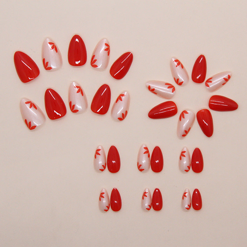 Nail 136 - Red & White Floral (24Pcs) - Free Nail Kit Included