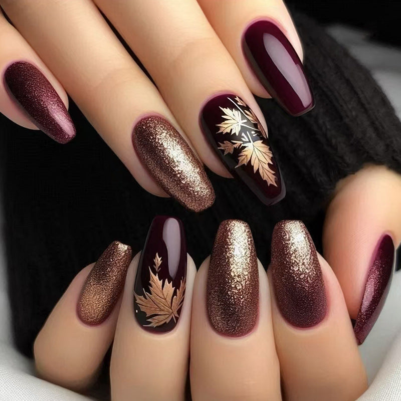 Nail 141 - Maple Leaf Press On Nails (24Pcs) - Free Nail Kit Included