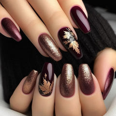 Nail 141 - Maple Leaf Press On Nails (24Pcs) - Free Nail Kit Included