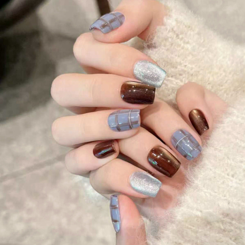 Nail 193 - Ice Blue Brown Grid Press-On Nails (24Pcs) - Free Nail Kit Included