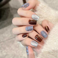 Nail 193 - Ice Blue Brown Grid Press-On Nails (24Pcs) - Free Nail Kit Included