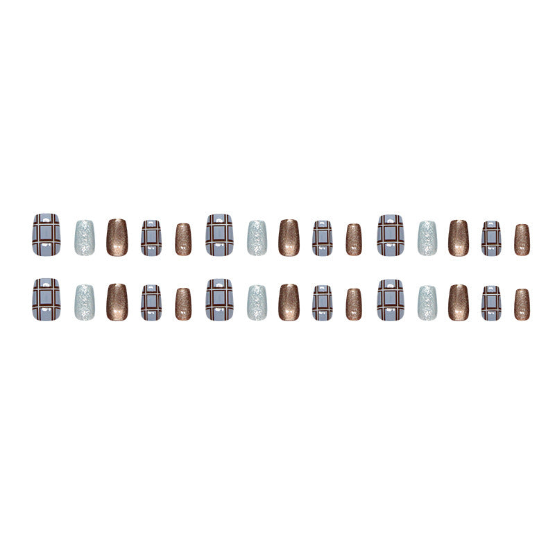 Nail 193 - Ice Blue Brown Grid Press-On Nails (24Pcs) - Free Nail Kit Included