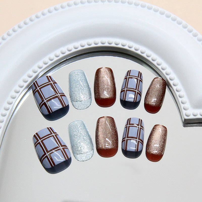 Nail 193 - Ice Blue Brown Grid Press-On Nails (24Pcs) - Free Nail Kit Included