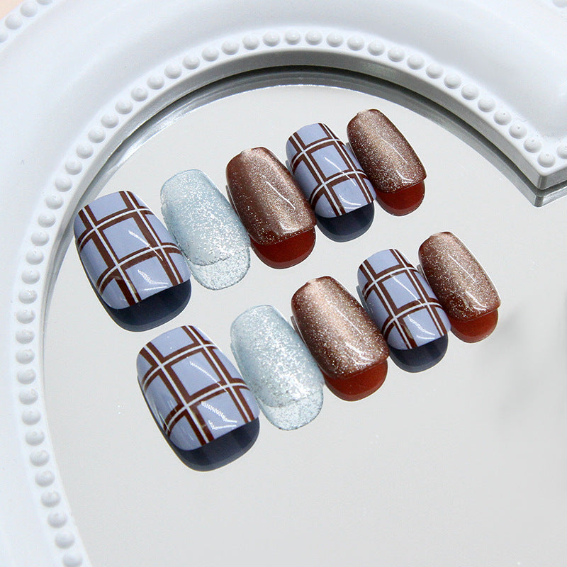 Nail 193 - Ice Blue Brown Grid Press-On Nails (24Pcs) - Free Nail Kit Included