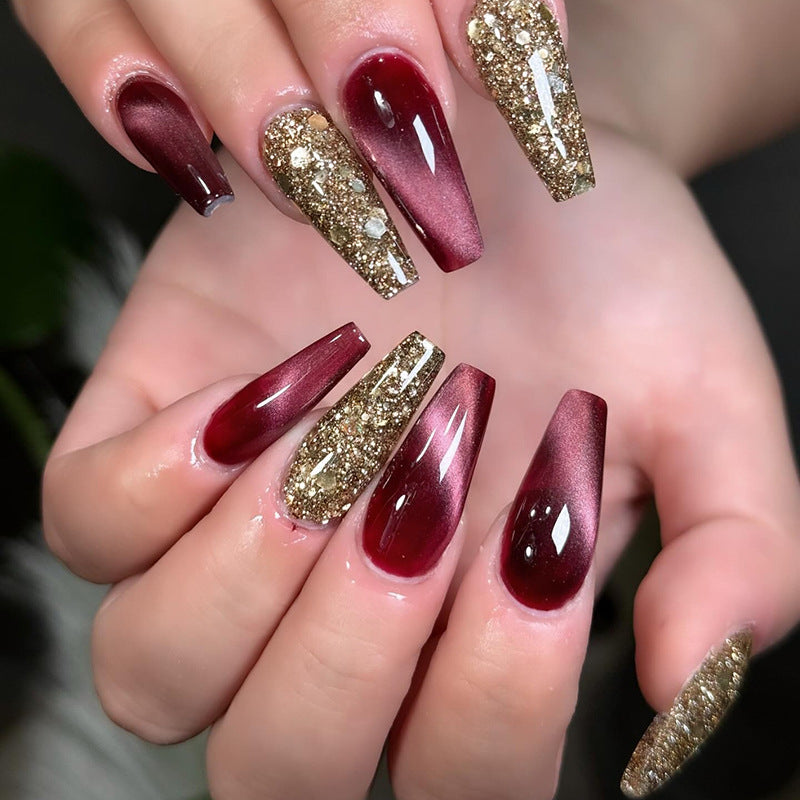 Nail 194 - Ruby & Gold Press-On Nails (24Pcs) - Free Nail Kit Included