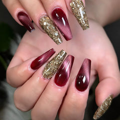Nail 194 - Ruby & Gold Press-On Nails (24Pcs) - Free Nail Kit Included
