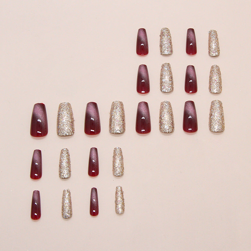 Nail 194 - Ruby & Gold Press-On Nails (24Pcs) - Free Nail Kit Included