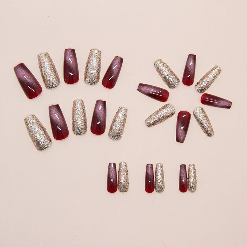 Nail 194 - Ruby & Gold Press-On Nails (24Pcs) - Free Nail Kit Included