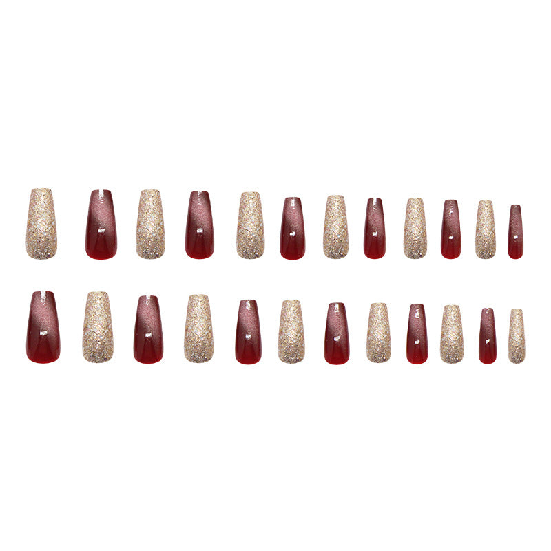 Nail 194 - Ruby & Gold Press-On Nails (24Pcs) - Free Nail Kit Included