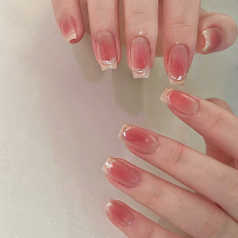 Nail 202 - Fine Glitter Weaving French Press-On Nails (24Pcs) - Free Nail Kit Included