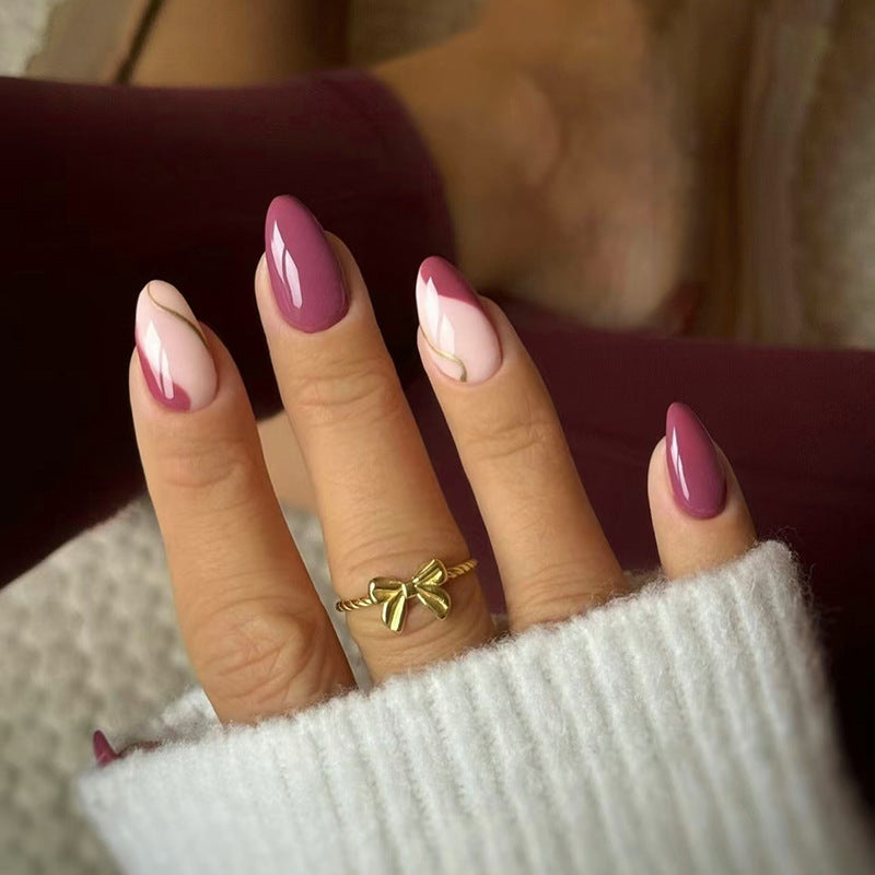 Nail 206 - Elegant Burgundy & Blush Press-On Nails (30Pcs) - Free Nail Kit Included