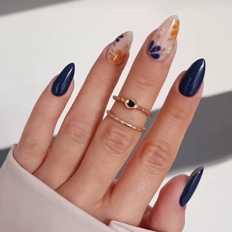 Nail 207 - Navy & Floral Fantasy Press-On Nails (24Pcs) - Free Nail Kit Included