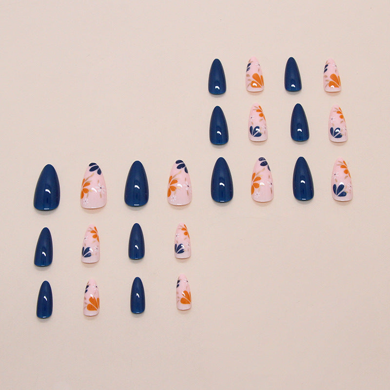 Nail 207 - Navy & Floral Fantasy Press-On Nails (24Pcs) - Free Nail Kit Included