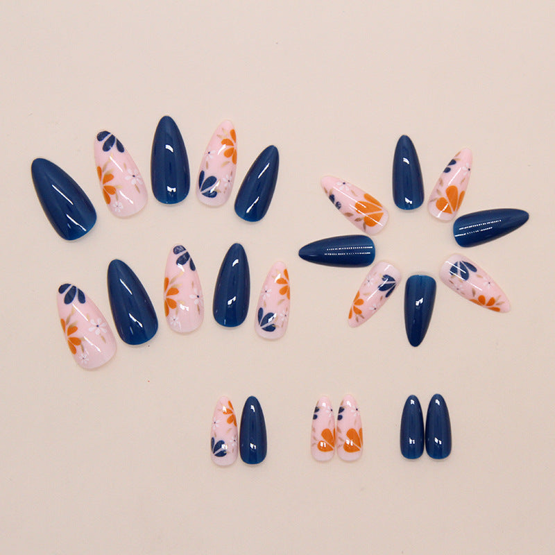 Nail 207 - Navy & Floral Fantasy Press-On Nails (24Pcs) - Free Nail Kit Included