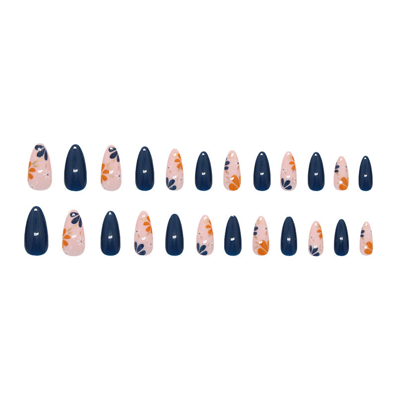 Nail 207 - Navy & Floral Fantasy Press-On Nails (24Pcs) - Free Nail Kit Included